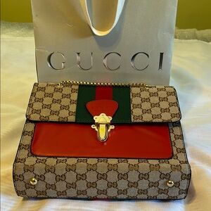 Gucci Brown and Red Shoulder Bag with Tiger Head Closure